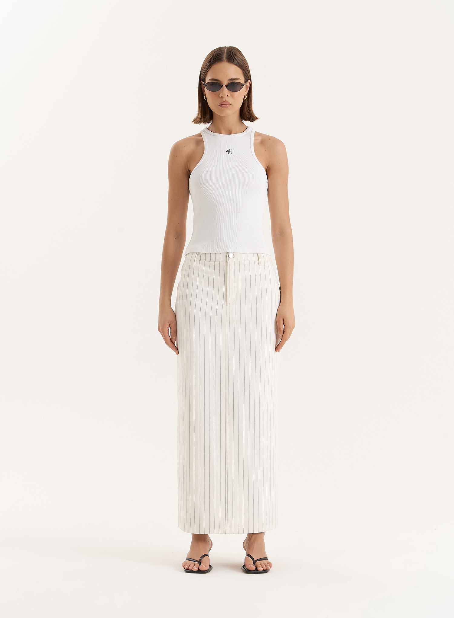 White Pinstripe Tailored Denim Maxi Skirt